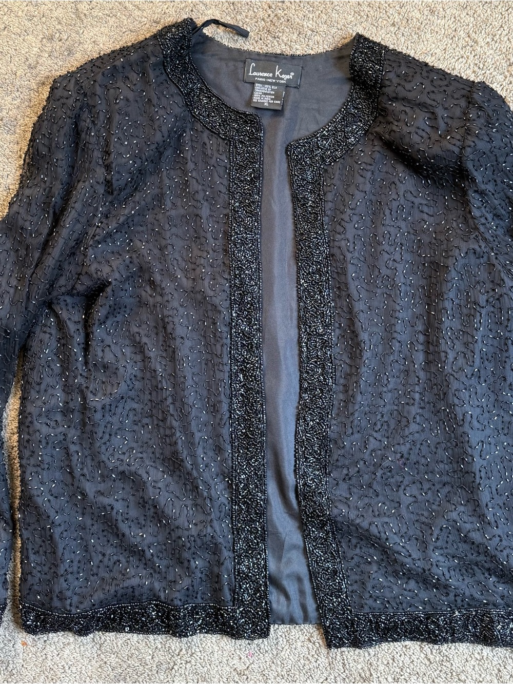Laurence Kazar Black Beaded Open-Front Cropped Jacket 100% silk